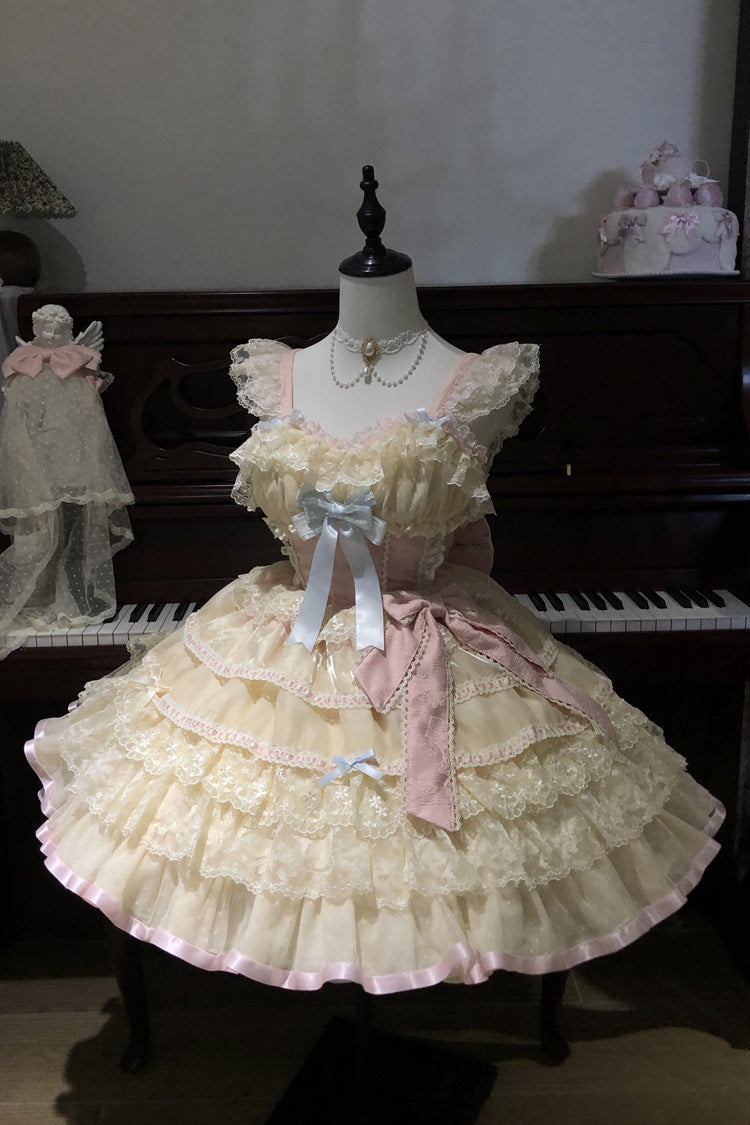 Sweet Lolita JSK - Cream Puff Mille-feuille, Yellow, Bow Detail, Lace Trim, Layered - main product image