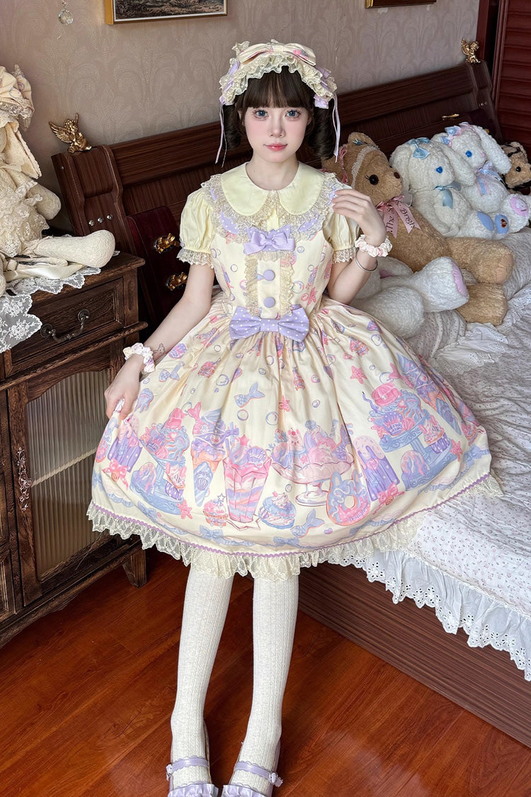 Sweet Lolita JSK - Cream Soda Mermaid Print Light, Yellow, Printed, Bow Detail, Lace Trim - additional product view 2