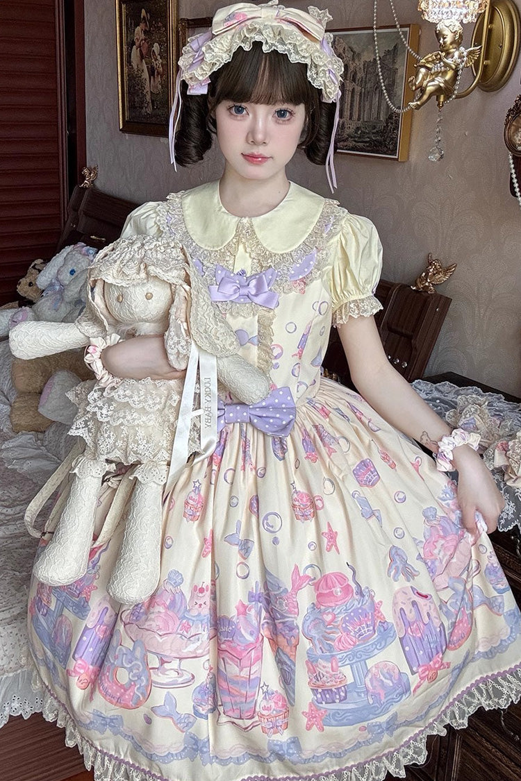 Sweet Lolita JSK - Cream Soda Mermaid Print Light, Yellow, Printed, Bow Detail, Lace Trim - additional product view 3