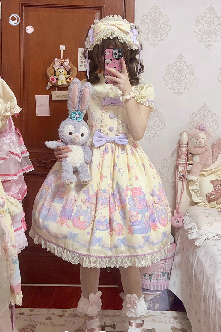 Sweet Lolita JSK - Cream Soda Mermaid Print Light, Yellow, Printed, Bow Detail, Lace Trim - additional product view 4