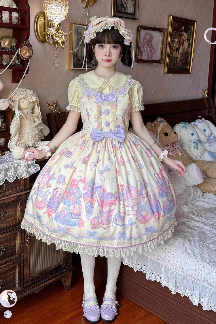 Sweet Lolita JSK - Cream Soda Mermaid Print Light, Yellow, Printed, Bow Detail, Lace Trim - main product image