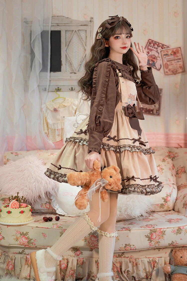 Sweet Lolita JSK - Cute Bear, Khaki, Layered, Bow Detail, Ruffled - additional product view 2