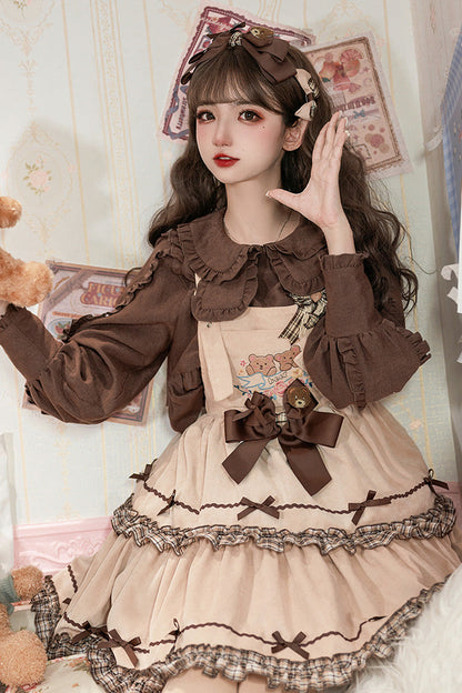 Sweet Lolita JSK - Cute Bear, Khaki, Layered, Bow Detail, Ruffled - additional product view 3