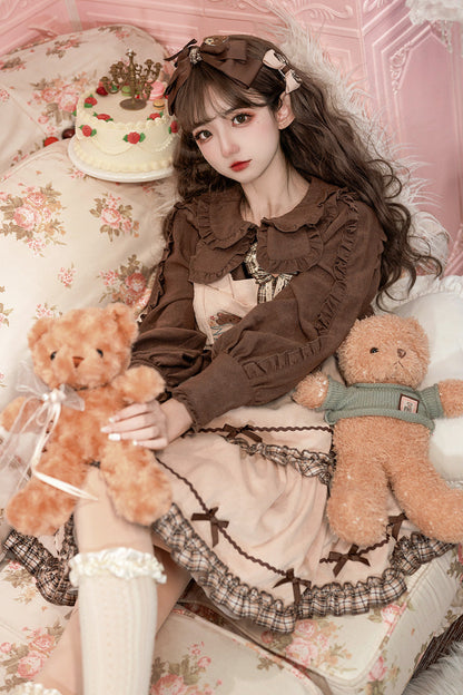 Sweet Lolita JSK - Cute Bear, Khaki, Layered, Bow Detail, Ruffled - additional product view 4