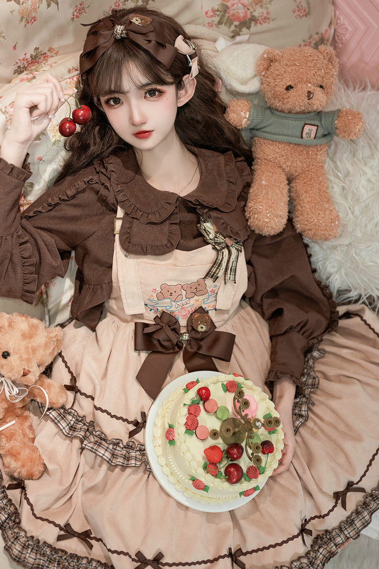 Sweet Lolita JSK - Cute Bear, Khaki, Layered, Bow Detail, Ruffled - additional product view 5