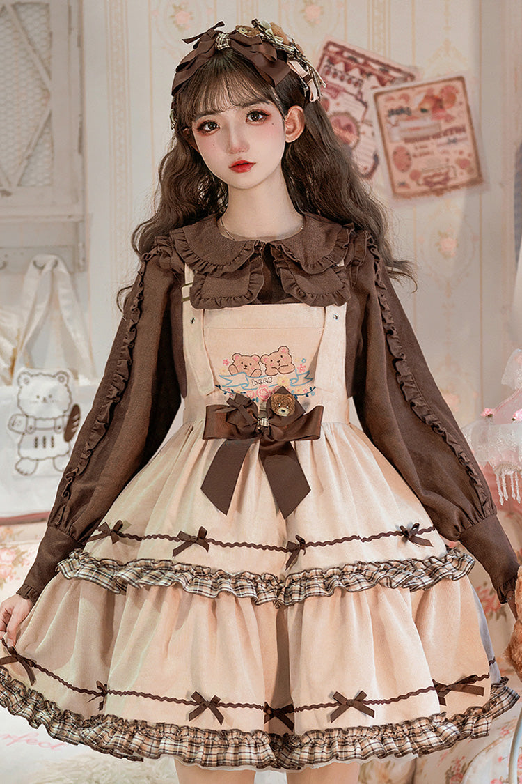 Sweet Lolita JSK - Cute Bear, Khaki, Layered, Bow Detail, Ruffled - main product image