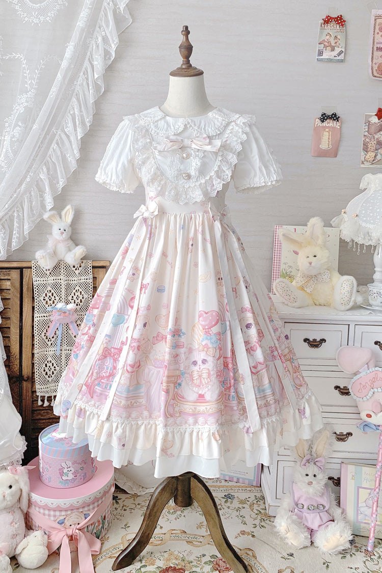 Sweet Lolita JSK - Cute Cat Print High, Ivory, High Waist, Printed, Bow Detail - additional product view 3