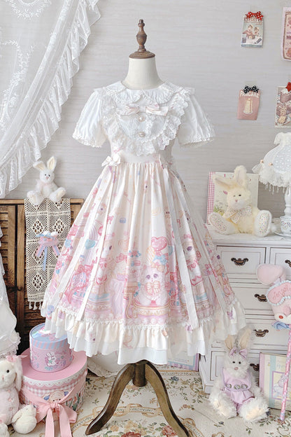 Sweet Lolita JSK - Cute Cat Print High, Ivory, High Waist, Printed, Bow Detail - additional product view 3