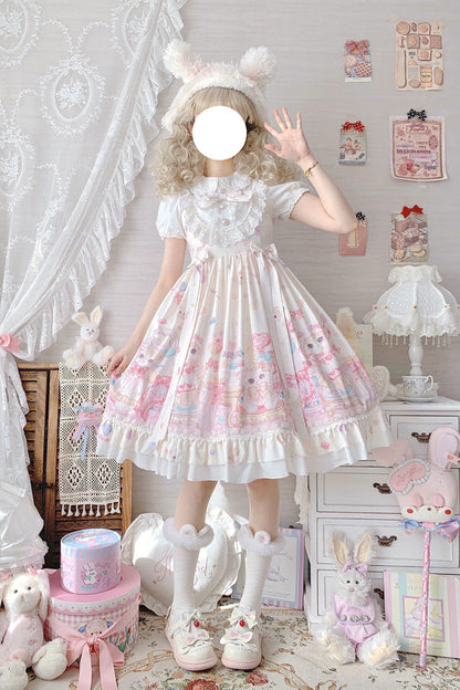 Sweet Lolita JSK - Cute Cat Print High, Ivory, High Waist, Printed, Bow Detail - additional product view 4