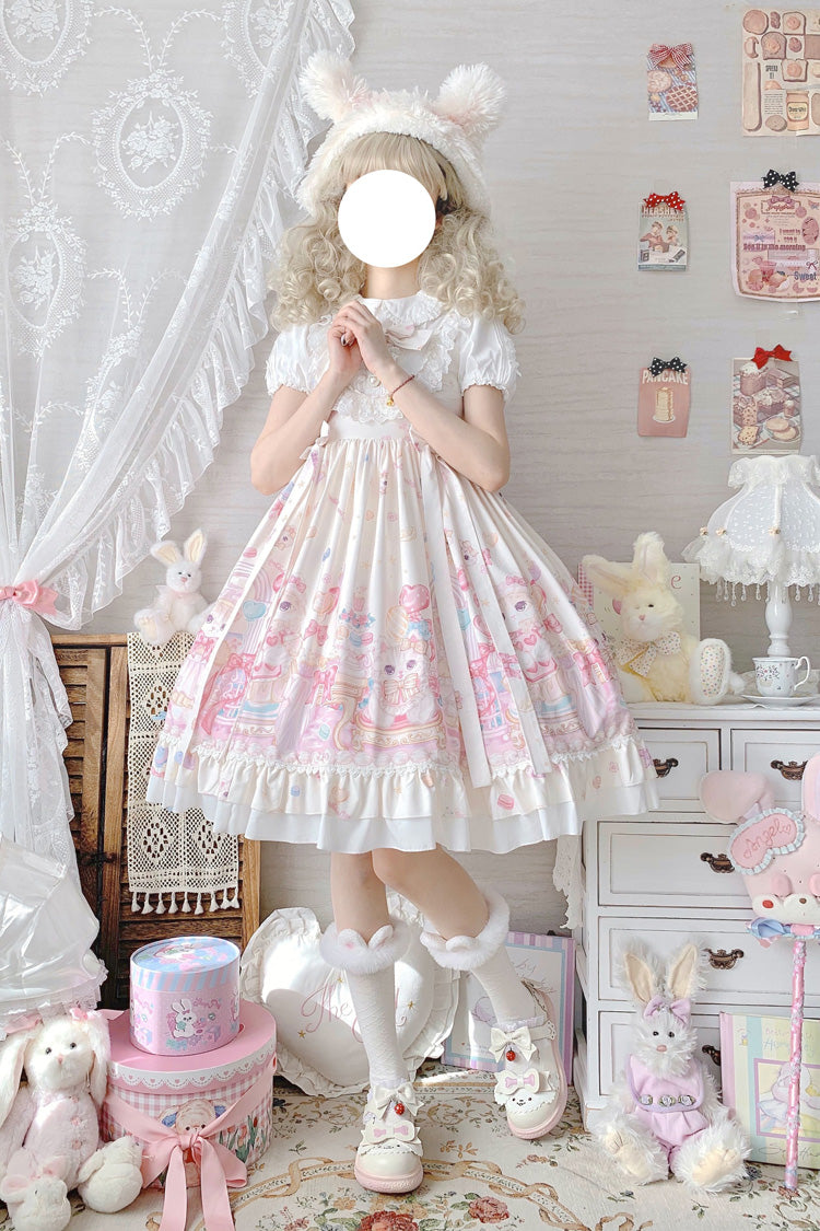 Sweet Lolita JSK - Cute Cat Print High, Ivory, High Waist, Printed, Bow Detail - additional product view 5