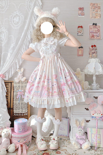 Sweet Lolita JSK - Cute Cat Print High, Ivory, High Waist, Printed, Bow Detail - additional product view 8