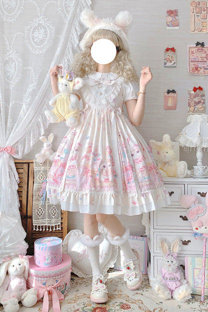 Sweet Lolita JSK - Cute Cat Print High, Ivory, High Waist, Printed, Bow Detail - main product image
