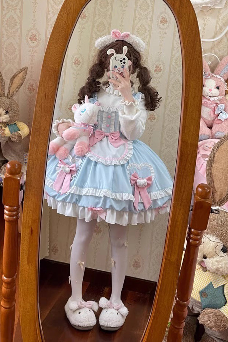 Sweet Lolita JSK - Cute Party Multi-layer Ruffle, 2 Colors, Ruffled, Bow Detail - S Blue / M Blue / L Blue option