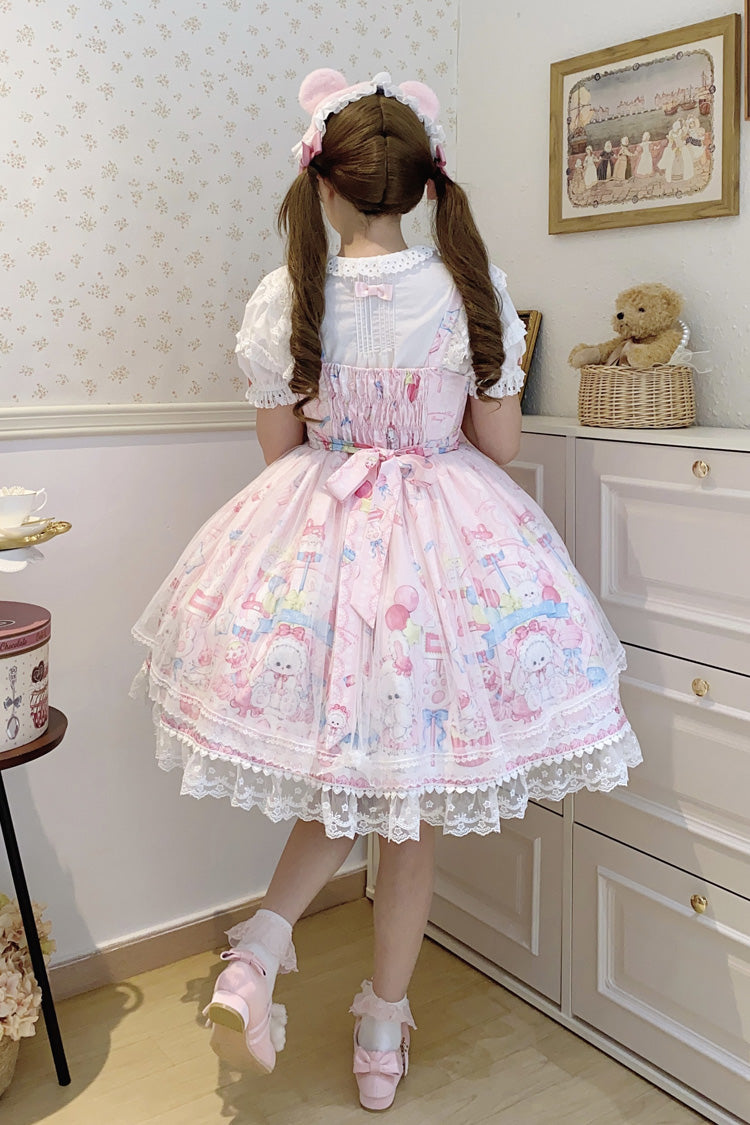 Sweet Lolita JSK - Cute Rabbit Sweet Cake, Pink, Ruffled, Printed, Bow Detail - additional product view 2