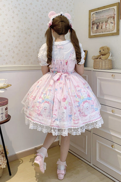 Sweet Lolita JSK - Cute Rabbit Sweet Cake, Pink, Ruffled, Printed, Bow Detail - additional product view 2