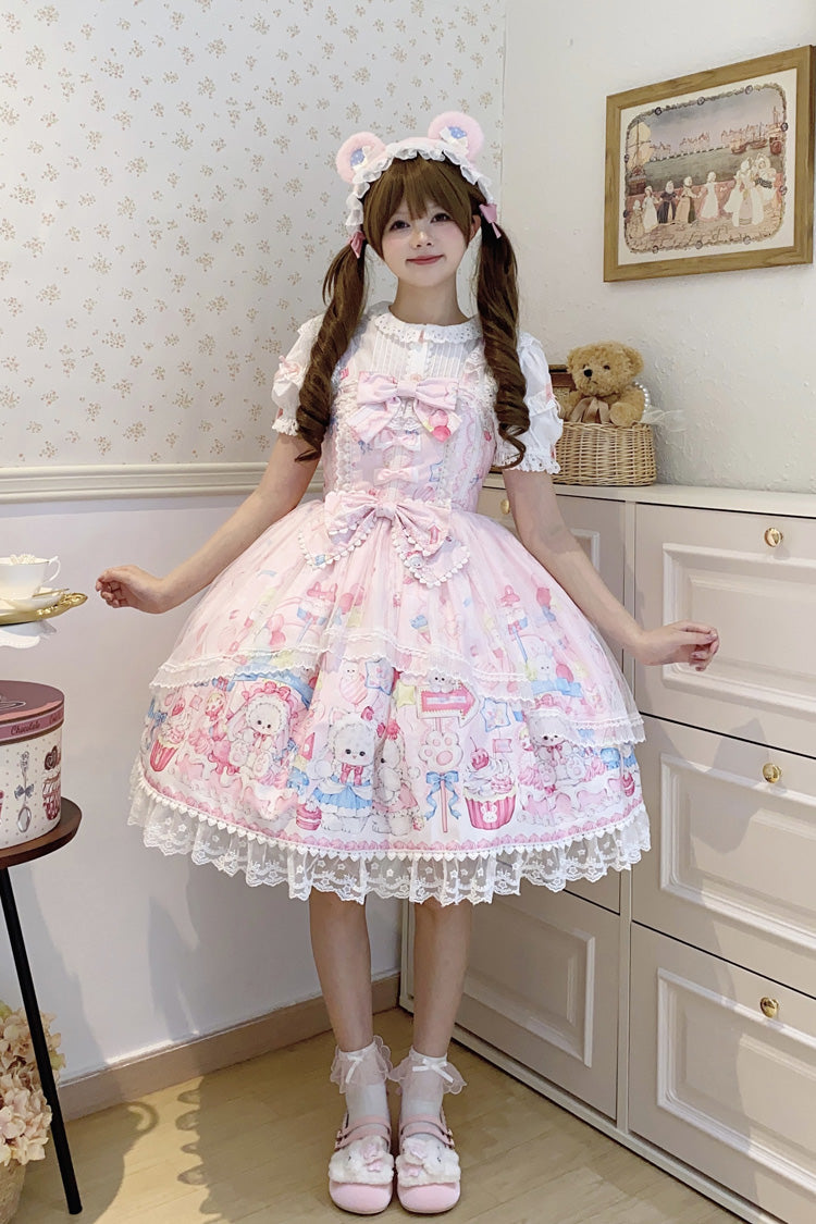 Sweet Lolita JSK - Cute Rabbit Sweet Cake, Pink, Ruffled, Printed, Bow Detail - additional product view 3