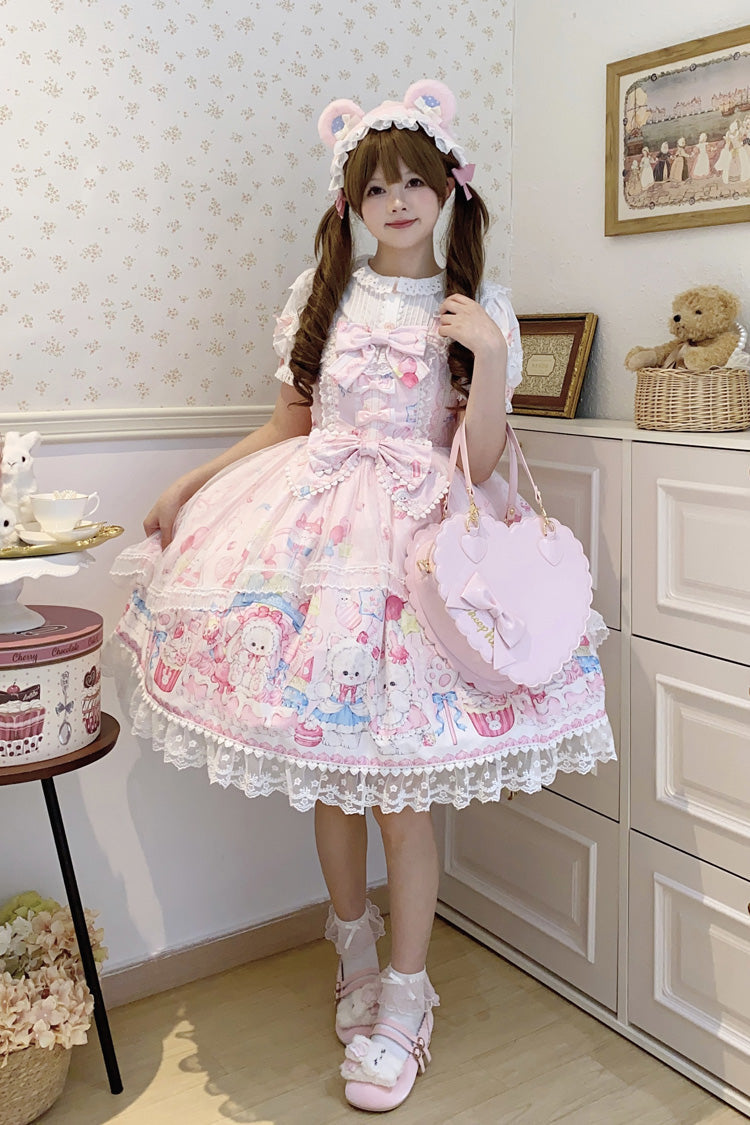 Sweet Lolita JSK - Cute Rabbit Sweet Cake, Pink, Ruffled, Printed, Bow Detail - additional product view 4