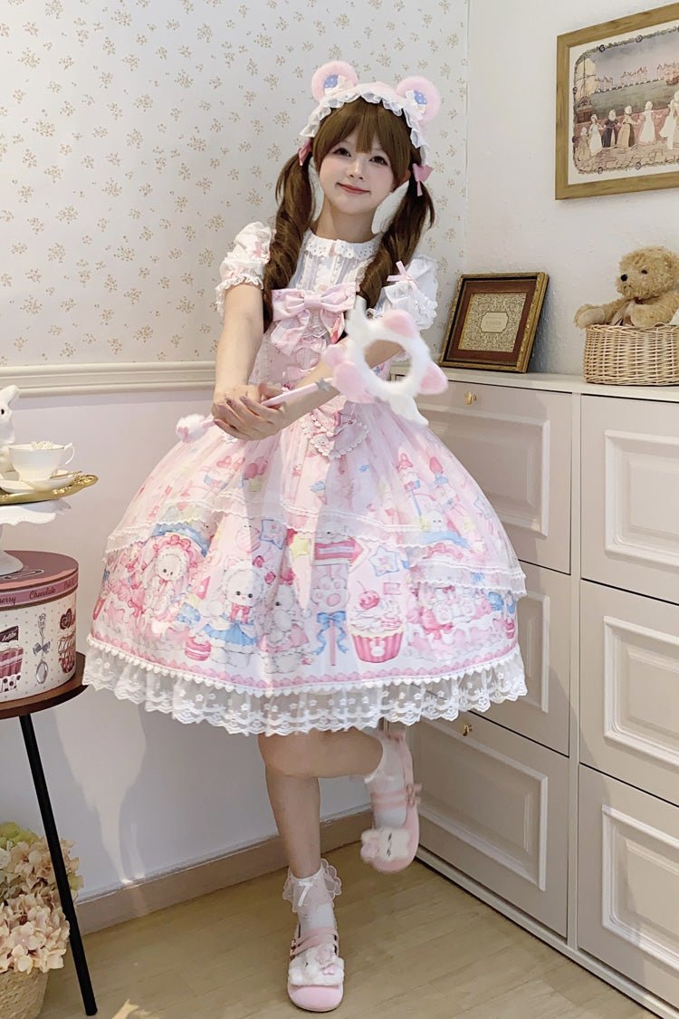 Sweet Lolita JSK - Cute Rabbit Sweet Cake, Pink, Ruffled, Printed, Bow Detail - additional product view 5