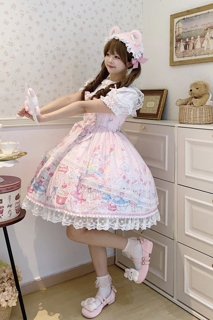 Sweet Lolita JSK - Cute Rabbit Sweet Cake, Pink, Ruffled, Printed, Bow Detail - additional product view 6