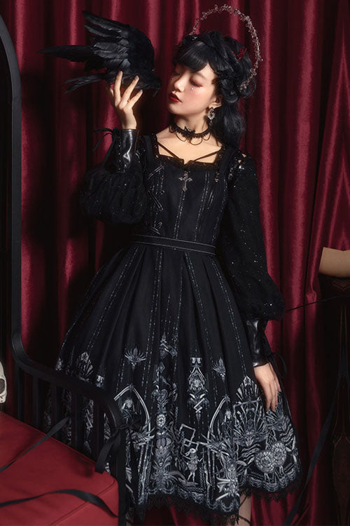 Sweet Lolita JSK - Dark Black Eye Of Red Heart, 2 Colors, Square Collar, High Waist - additional product view 2