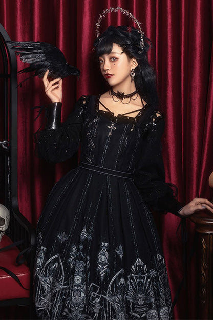 Sweet Lolita JSK - Dark Black Eye Of Red Heart, 2 Colors, Square Collar, High Waist - additional product view 3