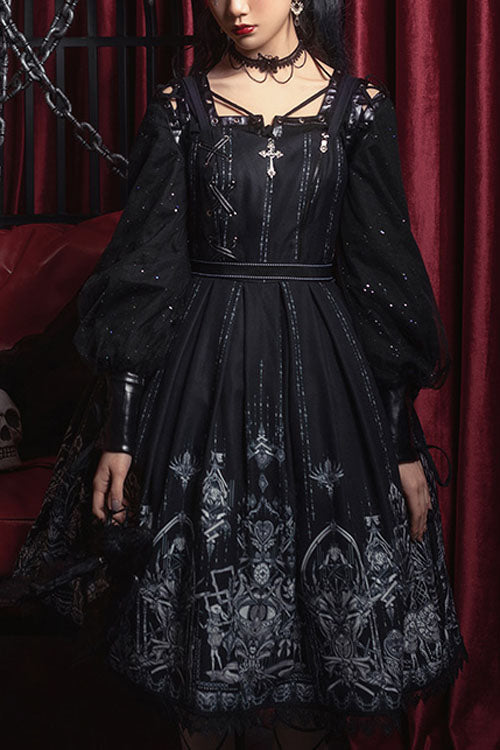 Sweet Lolita JSK - Dark Black Eye Of Red Heart, 2 Colors, Square Collar, High Waist - main product image