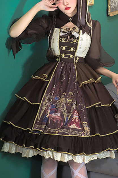 Sweet Lolita JSK - Dark Brown Japanese Country, Brown, Bow Detail, Ruffled, Classic Style - main product image