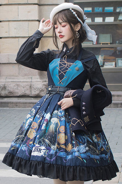 Sweet Lolita JSK - Dark Bule Sea Of Abyss Japanese, Blue, Classic Style, Ruffled - additional product view 3