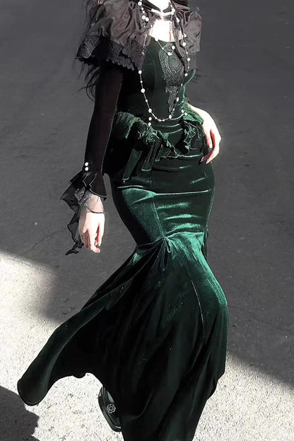 Sweet Lolita JSK - Dark Forest, Green, Fishtail Silhouette, Ruffled, Embroidered - additional product view 5