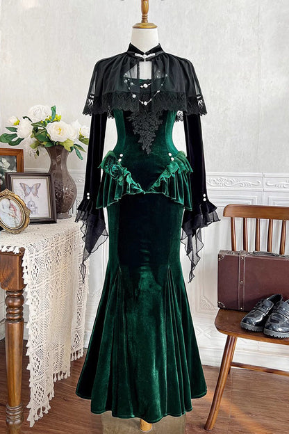 Sweet Lolita JSK - Dark Forest, Green, Fishtail Silhouette, Ruffled, Embroidered - main product image