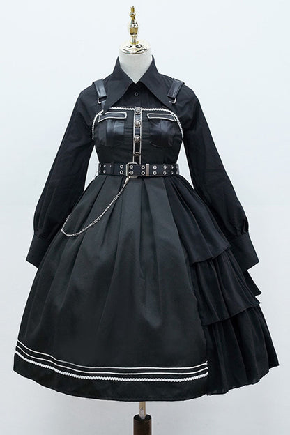 Sweet Lolita JSK - Dark V Neck, Black, Gothic Style, Bow Detail - main product image