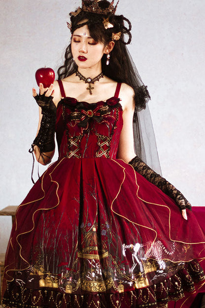 Sweet Lolita JSK - Decaying Forest Round Collar, Red, Ruffled, Classic Style, Bow Detail - additional product view 2