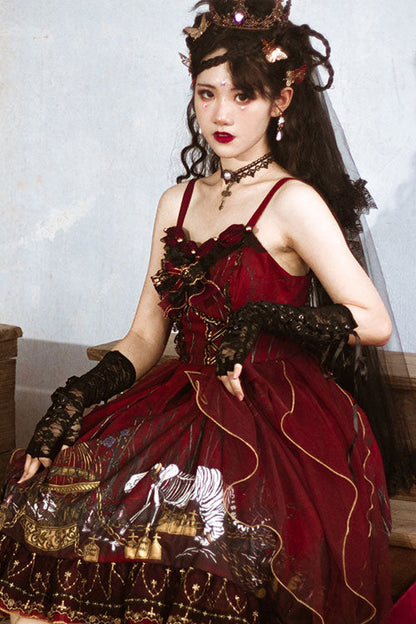 Sweet Lolita JSK - Decaying Forest Round Collar, Red, Ruffled, Classic Style, Bow Detail - additional product view 3