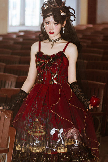Sweet Lolita JSK - Decaying Forest Round Collar, Red, Ruffled, Classic Style, Bow Detail - additional product view 4
