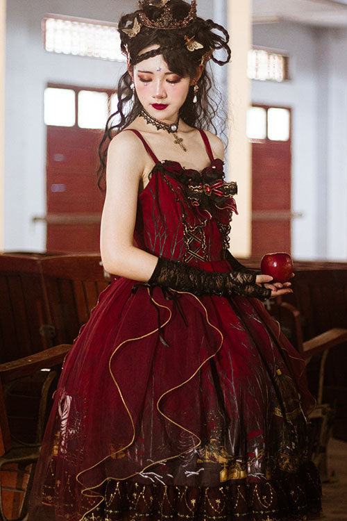 Sweet Lolita JSK - Decaying Forest Round Collar, Red, Ruffled, Classic Style, Bow Detail - additional product view 5
