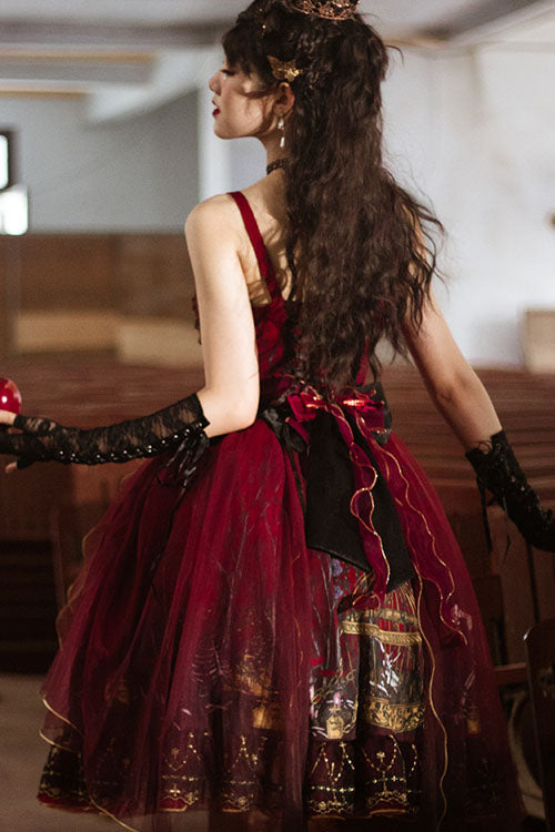 Sweet Lolita JSK - Decaying Forest Round Collar, Red, Ruffled, Classic Style, Bow Detail - additional product view 6