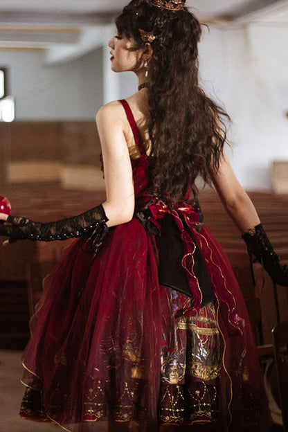 Sweet Lolita JSK - Decaying Forest Round Collar, Red, Ruffled, Classic Style, Bow Detail - additional product view 6