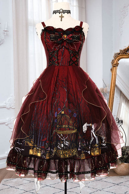 Sweet Lolita JSK - Decaying Forest Round Collar, Red, Ruffled, Classic Style, Bow Detail - main product image