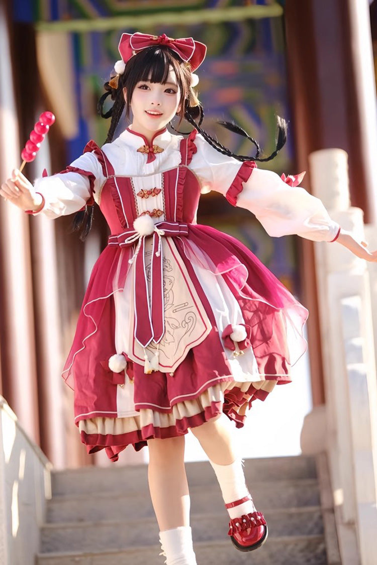 Sweet Lolita JSK - Double-layered Dragon Print, Red, Printed, Bow Detail, Lace Trim - additional product view 2