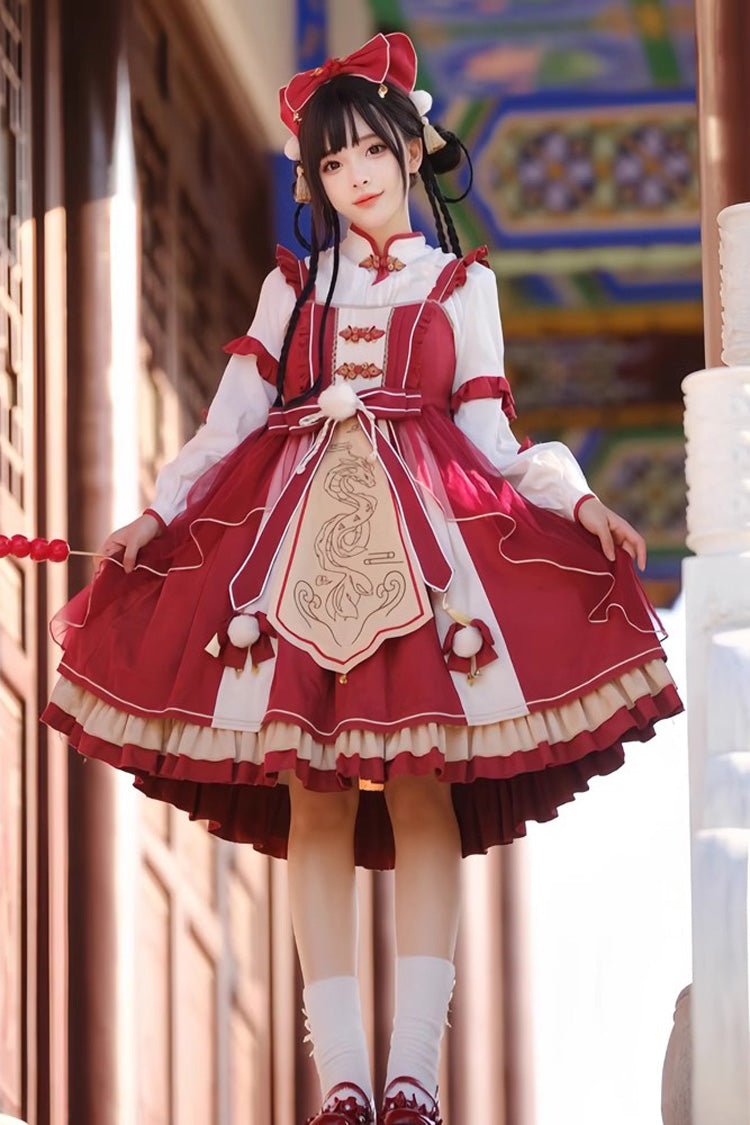 Sweet Lolita JSK - Double-layered Dragon Print, Red, Printed, Bow Detail, Lace Trim - additional product view 3