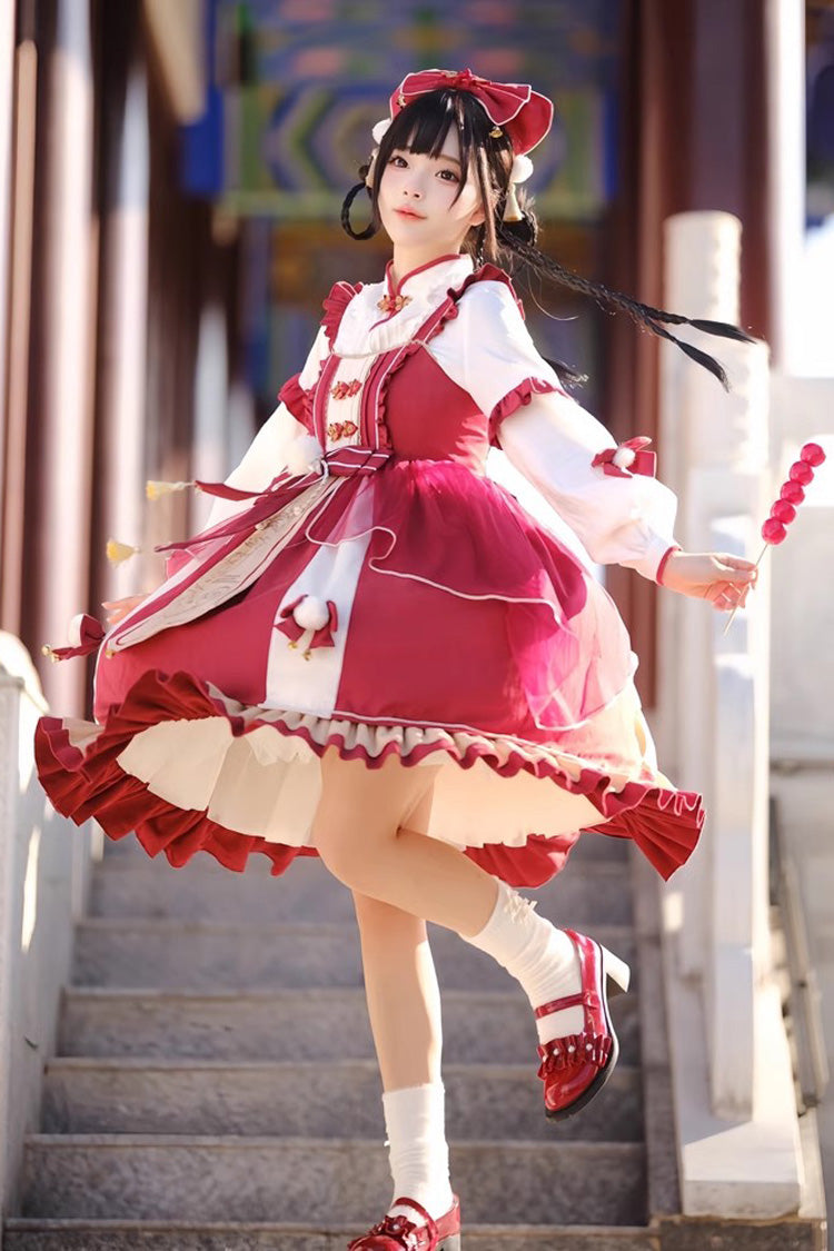 Sweet Lolita JSK - Double-layered Dragon Print, Red, Printed, Bow Detail, Lace Trim - additional product view 4