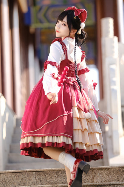 Sweet Lolita JSK - Double-layered Dragon Print, Red, Printed, Bow Detail, Lace Trim - additional product view 5