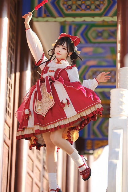 Sweet Lolita JSK - Double-layered Dragon Print, Red, Printed, Bow Detail, Lace Trim - additional product view 6
