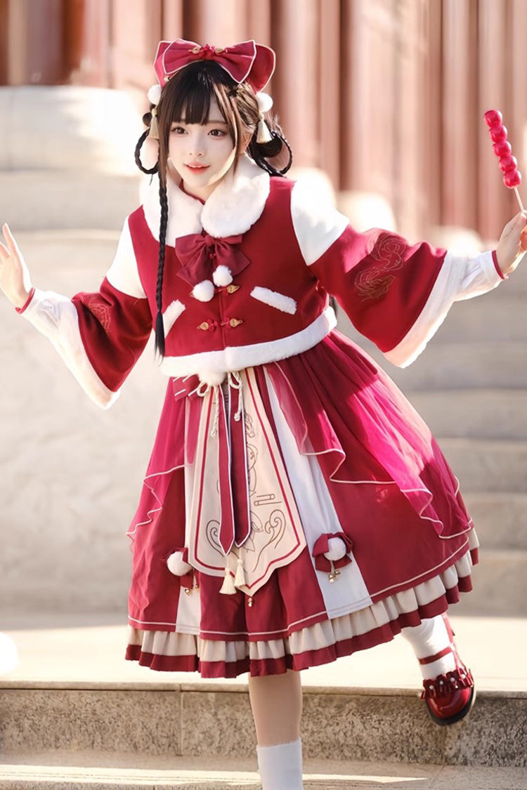 Sweet Lolita JSK - Double-layered Dragon Print, Red, Printed, Bow Detail, Lace Trim - main product image