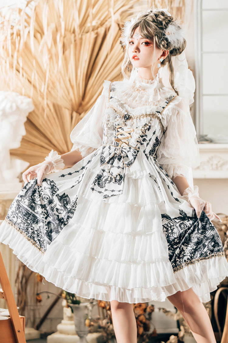 Sweet Lolita JSK - Dragon Rider Print, White, Lace Trim, Ruffled, Printed - additional product view 2