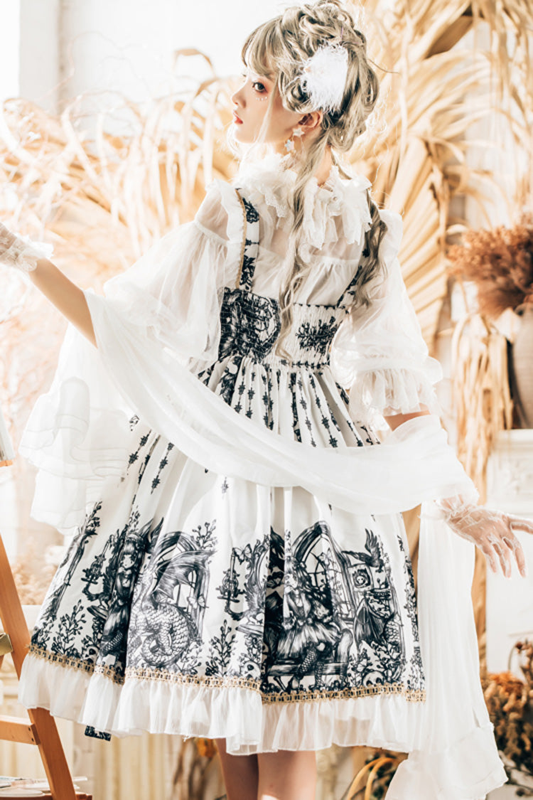 Sweet Lolita JSK - Dragon Rider Print, White, Lace Trim, Ruffled, Printed - additional product view 3