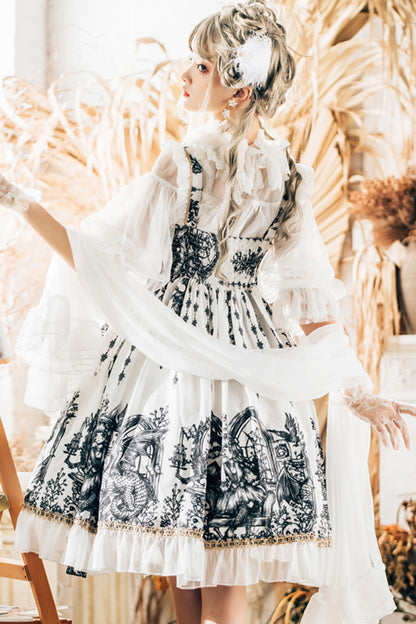 Sweet Lolita JSK - Dragon Rider Print, White, Lace Trim, Ruffled, Printed - additional product view 3