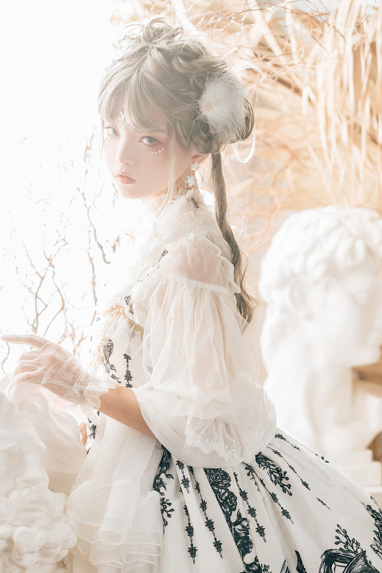 Sweet Lolita JSK - Dragon Rider Print, White, Lace Trim, Ruffled, Printed - additional product view 4