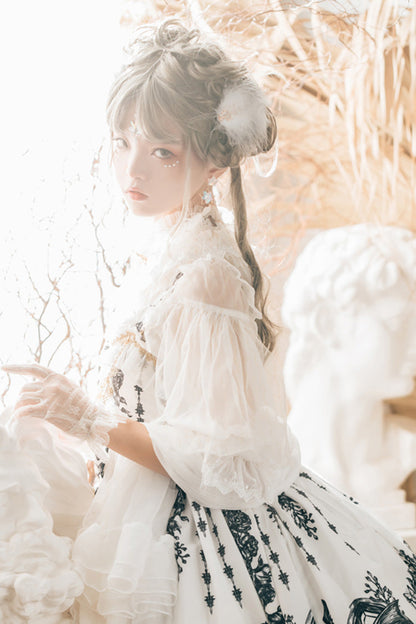 Sweet Lolita JSK - Dragon Rider Print, White, Lace Trim, Ruffled, Printed - additional product view 4