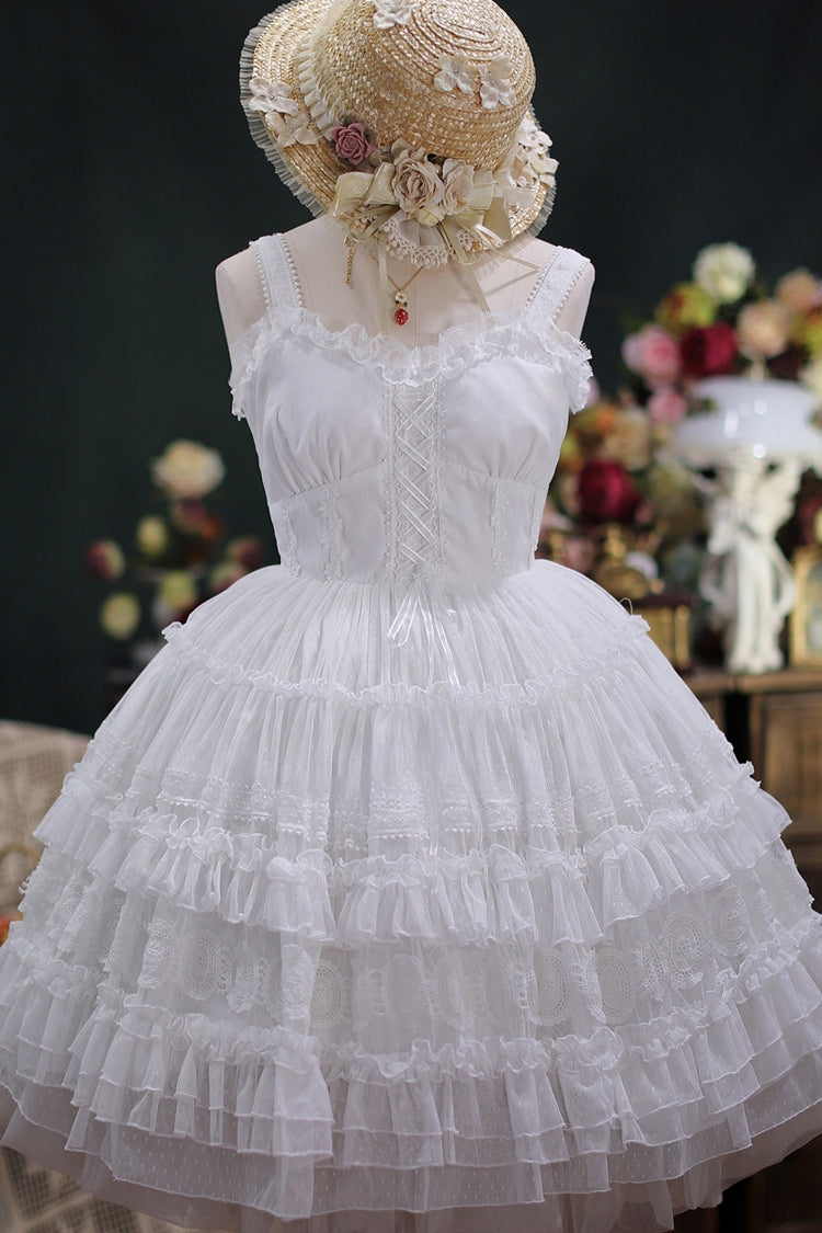 Sweet Lolita JSK - Dream Bouquet Elegant French, 4 Colors, Layered, Ruffled - S White / M White / L White option